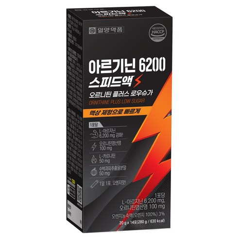 일양약품 아르기닌 6200 스피드액 오르니틴 플러스 로우 슈가 14p, 280g, 1개
