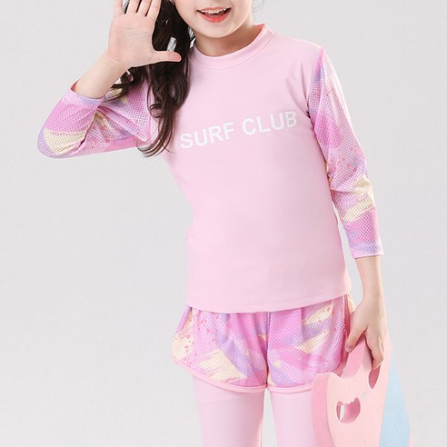 우주아이 여아용 저학년 비치슈가 래쉬가드 상하의 + 반바지 세트