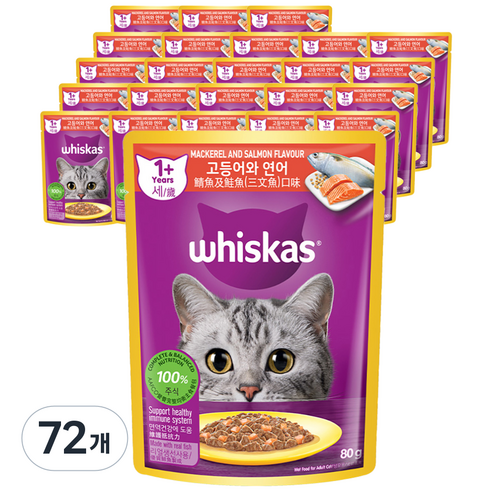 위스카스 어덜트 고양이 습식사료, 72개, 80g, 고등어+연어