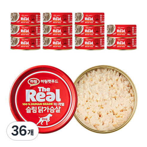 하림펫푸드 더리얼 DOG 슬림 캔 강아지 간식, 닭고기맛, 90g, 36개