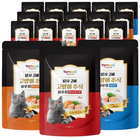 탐사 고양이 고메 주식 파우치, 참치+치킨, 참치+연어, 참치, 85g, 18개