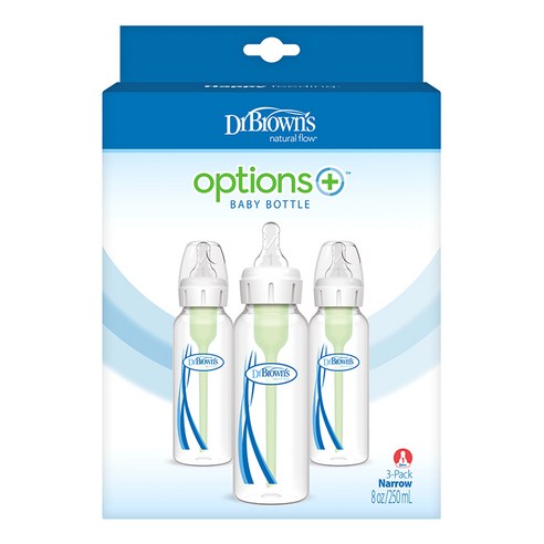 닥터브라운 내로우넥 옵션스 플러스 PP 젖병 + 젖꼭지 1단계 트리플팩, 혼합색상, 250ml, 3개