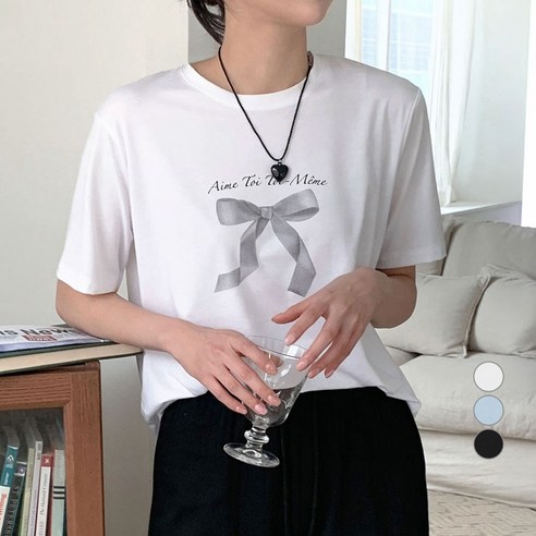 아피나르 여성용 레이온 찰랑 Ribbon 라운드넥 반팔 티셔츠
