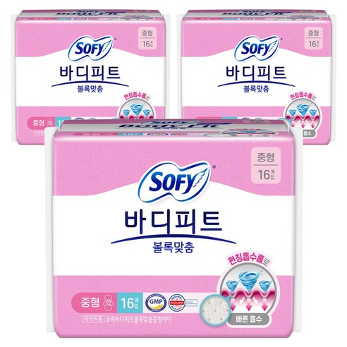 바디피트 볼록맞춤 생리대 날개형, 중형, 16개입, 3개