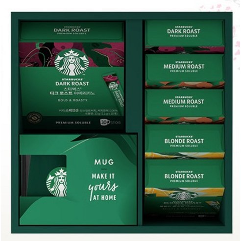 스타벅스 프리미엄 설 로스트 아메리카노 다크 10p + 다크 30p + 미디엄 10p x 2개 + 블론드 10p x 2개 + 머그 그린 350ml 선물세트 후기 분석 - 고급스러운 패키지 외관
