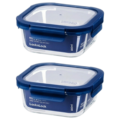 LocknLock 樂扣樂扣 Glass Indigo 耐熱玻璃方形保鮮盒 海軍藍 800ml, 2個, 盒身 + 上蓋 - 保鮮盒 | 酷澎