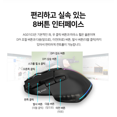 에이투 고감도 LED 유선 USB 게이밍 마우스 후기 분석 - 상단 휠 및 DPI 버튼