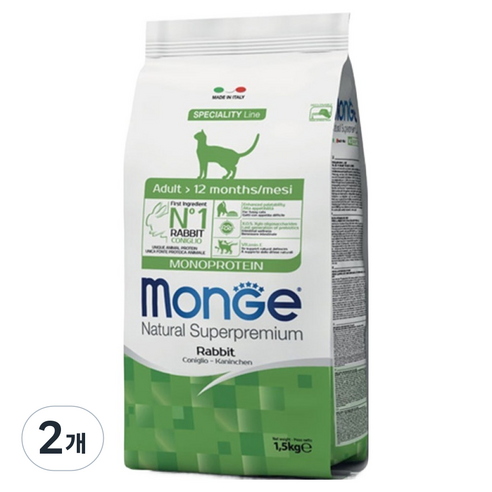 몬지 어덜트 고양이 내추럴 슈퍼프리미엄 모노프로틴 건식사료, 2개, 1.5kg, 토끼