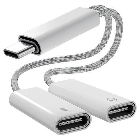 누아트 PD 60W 고속 동시 충전 2in1 스테레오 오디오 변환 C to C타입 이어폰 듀얼 젠더, 화이트, 1개