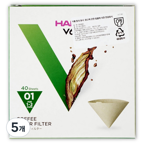 하리오 커피필터 여과지 VCF-01-40M, 40개입, 5개