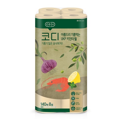 코디 아름드리 기름먹는 UKP 천연펄프 키친타올 140매, 8개 솔직 후기 | 실사용자 리뷰 분석 - 상품 이미지 1