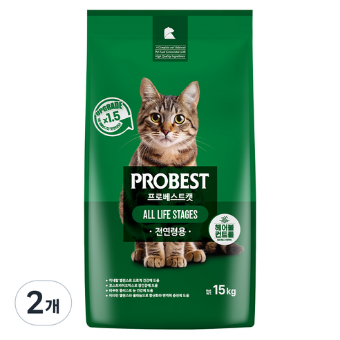 프로베스트 고양이 그린 전연령 기능성 사료, 헤어볼+장건강, 15kg, 2개