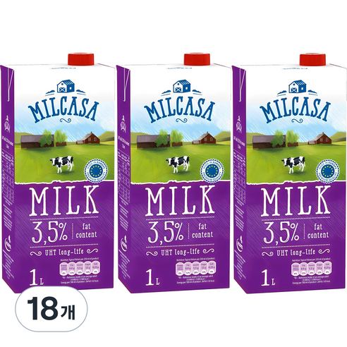밀카사 멸균우유 3.5%, 1L, 18개