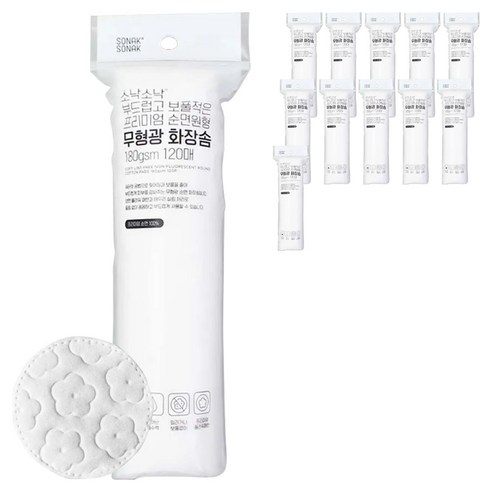 소낙소낙 부드럽고 보풀적은 프리미엄 순면원형 무형광 화장솜 180gsm, 12개, 120매입