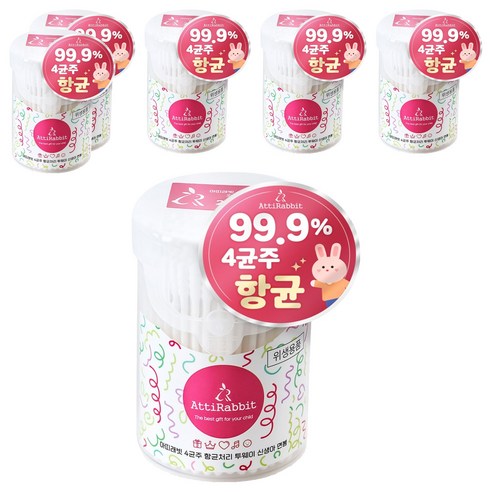 아띠래빗 신생아용 4균주 항균처리 투웨이 면봉, 6개, 200개입