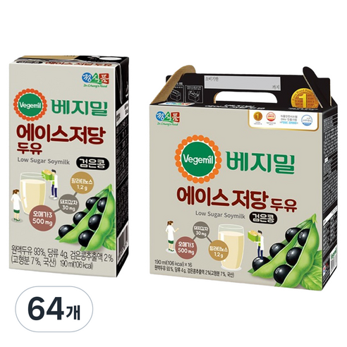 베지밀 에이스 저당두유, 190ml, 64개