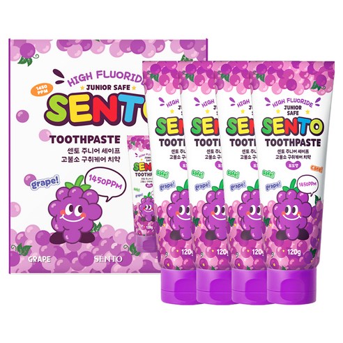 센토 주니어 세이프 고불소 구취케어 어린이치약 포도향, 120g, 4개