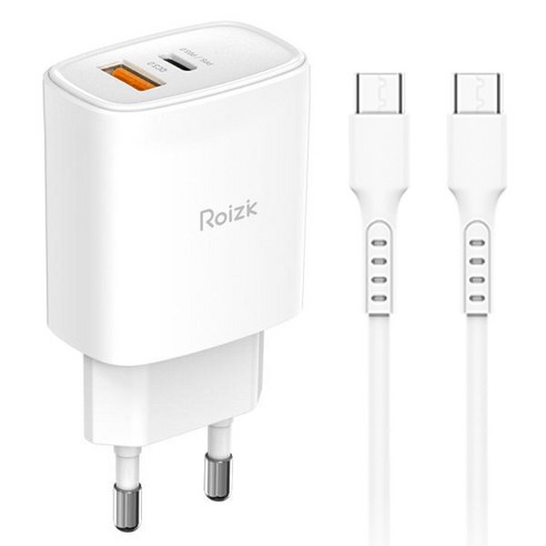 로이직 25W 2포트 PPS/PD+QC3.0 초고속 분리형 충전기 RZ-B12_화이트 + CtoC 초고속 충전 케이블 1.2M, 화이트, 1세트