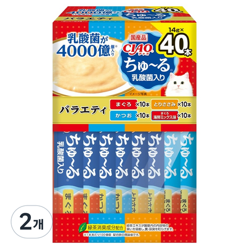 이나바 고양이 챠오츄르 유산균 버라이어티 간식 40p 박스타입 SC-237, 혼합맛(참치/가다랑어/닭가슴살/참치 앤 해산물믹스)), 560g, 2개