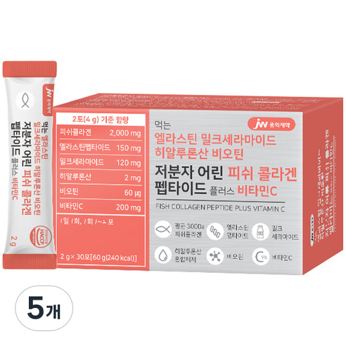 JW중외제약 먹는 엘라스틴 밀크세라마이드 히알루론산 비오틴 저분자 어린 피쉬 콜라겐 펩타이드 플러스 비타민C 30p, 60g, 5개
