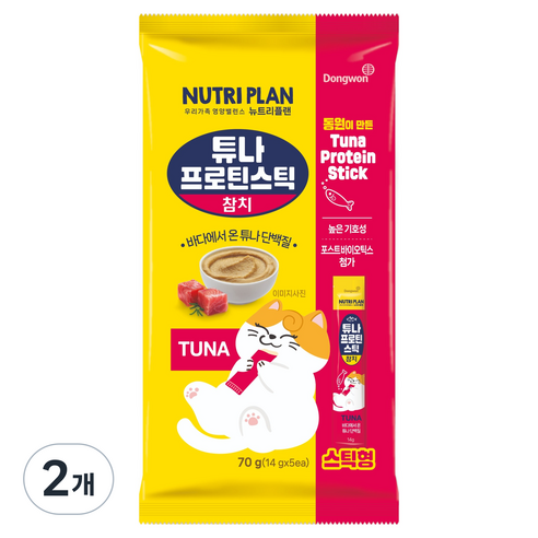 동원뉴트리플랜 고양이 튜나 프로틴 스틱, 참치, 70g, 2개