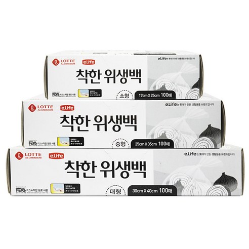롯데이라이프 착한 위생백 소형 17cm x 25cm 100p + 중형 25cm x 35cm 100p + 대형 30cm x 40cm 100p, 혼합, 1세트