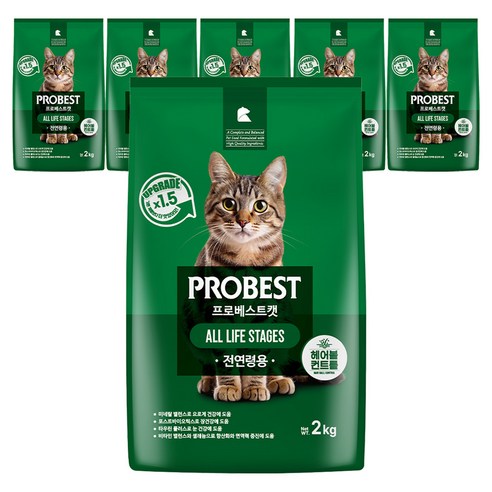 프로베스트 고양이 그린 전연령 기능성 사료, 헤어볼+장건강, 2kg, 6개