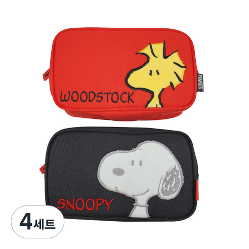 에이치엠플러스 피너츠 스누피 캐릭터 아플리케 봉제필통 우드스탁 빨강 + 검정, 혼합 색상, 4세트