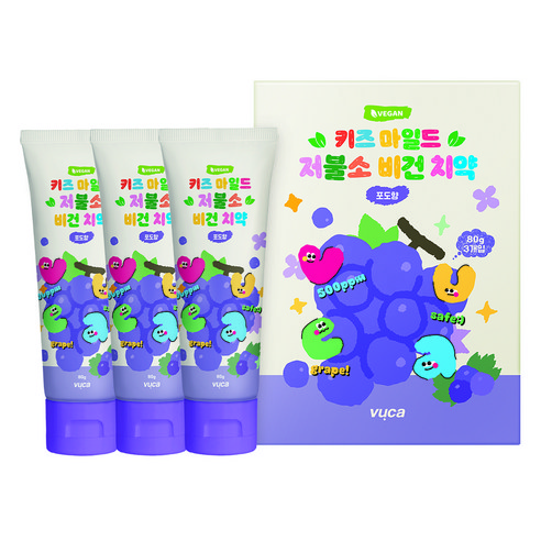 뷰카 키즈 마일드 저불소 비건치약 포도향, 80g, 3개
