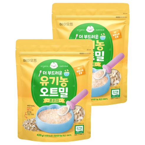 헤이오트 더 부드러운 유기농 포리지 오트밀 + 계량스푼 세트, 420g, 2개