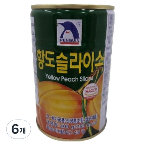 펭귄 황도 슬라이스 통조림, 400g, 6개