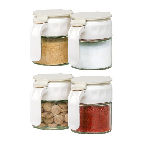 키텐실 시노글라스 글라썸 플립 원터치 밀폐 유리양념통 화이트, 350ml, 4개