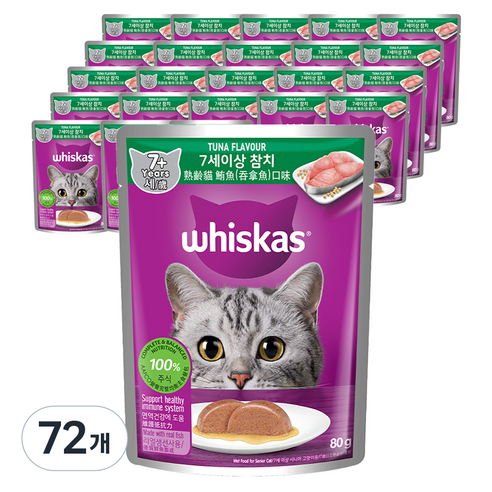 위스카스 시니어 고양이 주식 파우치, 참치, 80g, 72개