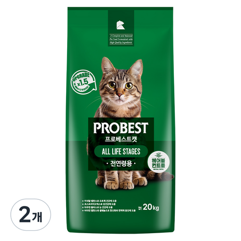 프로베스트 고양이 그린 전연령 기능성 사료, 헤어볼+장건강, 20kg, 2개