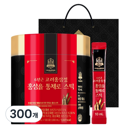 고려홍삼중앙회 6년근 고려홍삼정 홍삼을 통채로 스틱 100p + 쇼핑백, 300개, 10ml