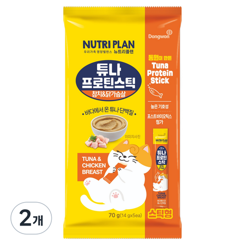 동원뉴트리플랜 고양이 튜나 프로틴 스틱, 혼합맛(참치/닭가슴살), 70g, 2개