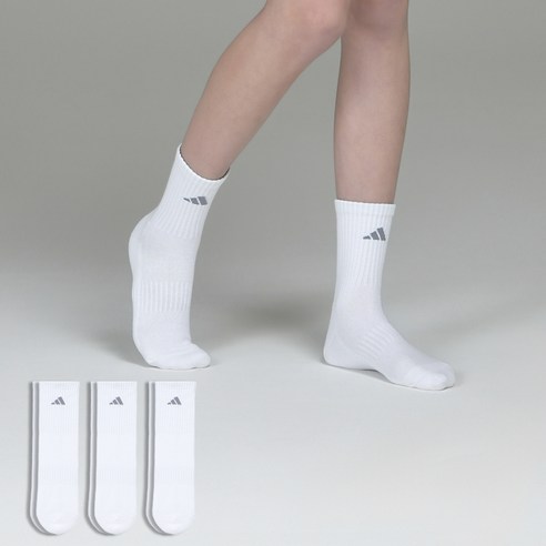 아디다스 심플 쿠션 중목 스포츠양말, 화이트, 3세트
