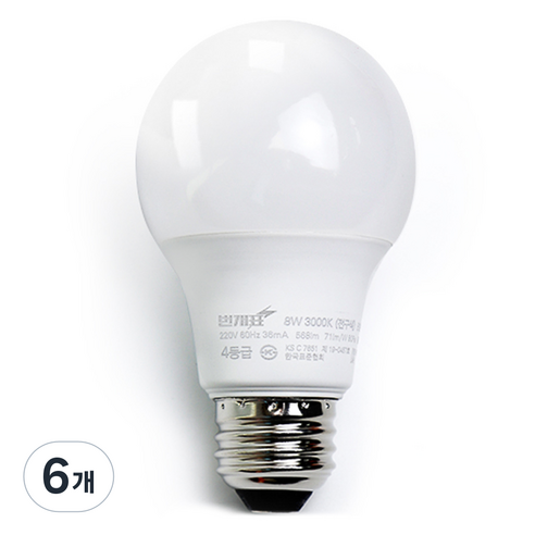 번개표 LED 화이트 전구 8W, 전구색, 6개