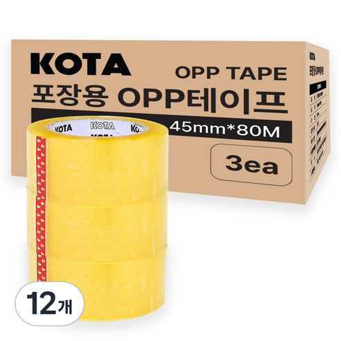 코타 포장용 박스테이프 투명 45mm x 80m, 12개