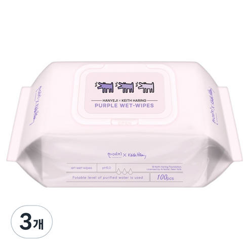 키스해링 한예지 퍼플 물티슈 캡형, 38g, 100매, 3개