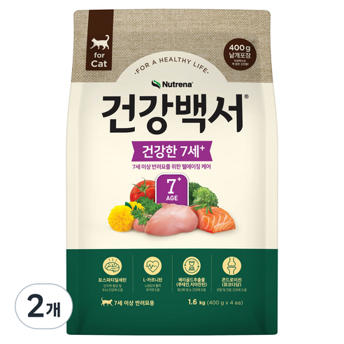뉴트리나건강백서 고양이 건강한 7세+ 노령묘 시니어 사료 4p, 닭+연어, 1.6kg, 2개