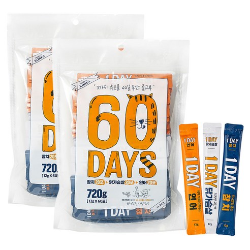 슈퍼츄 60데이즈 고양이 간식, 참치, 닭가슴살, 연어, 12g, 2세트