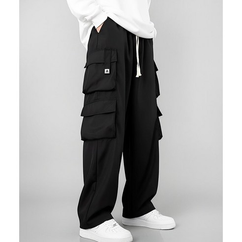 맨인모드 남성용 편한 밴딩 기모 안감 와이드 카고 바지 JY020 후기 분석 - 모델 착용 컷 1