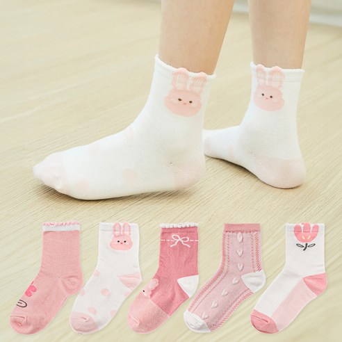 베이스알파에센셜 플라워 래빗 중목 양말 5켤레 세트