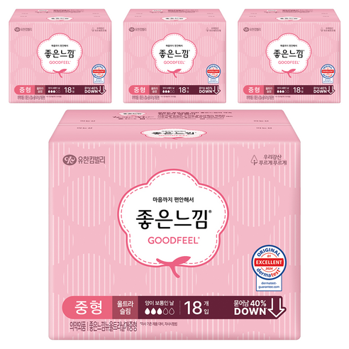 좋은느낌 뉴울트라 슬림 날개형 생리대, 중형, 18개입, 4개
