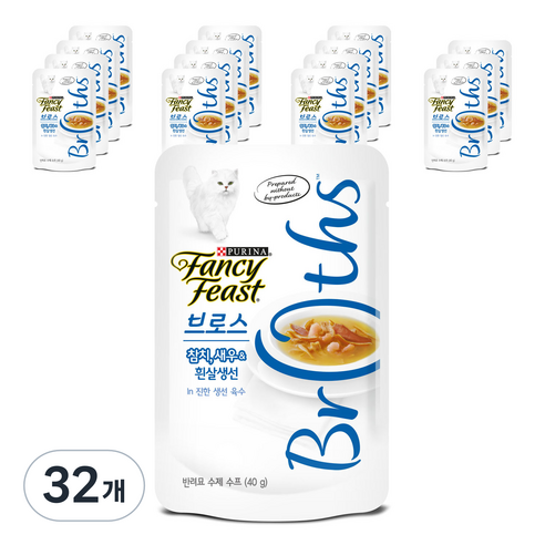 팬시피스트 브로스 고양이 간식 파우치 생선, 참치 + 새우 + 흰살생선 + 진한 생선 육수 혼합맛, 40g, 32개