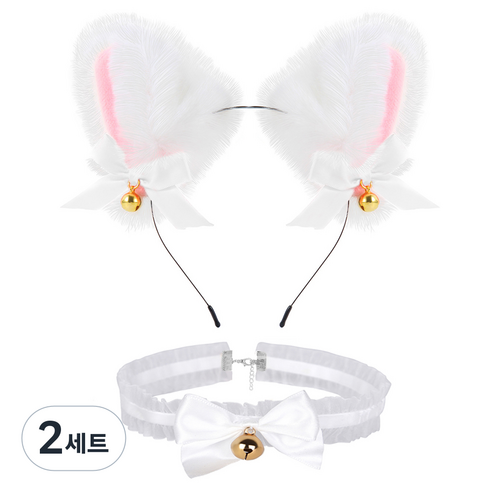 미미파티 코스프레 고양이 머리띠 초커 목걸이 세트, 화이트, 2세트