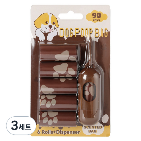 그린허그 초코향 배변봉투 90p + 디스펜서 세트, 브라운, 3세트