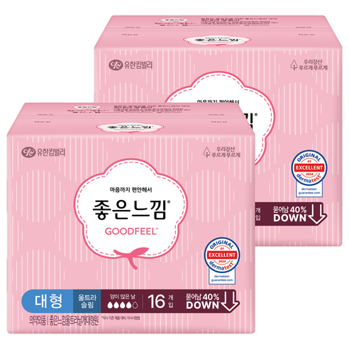 좋은느낌 오리지널 울트라슬림 생리대 날개형, 대형, 16개입, 2개