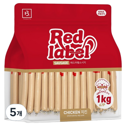 브리더랩 강아지 레드라벨 소시지 치킨 간식, 닭고기맛, 1kg, 5개